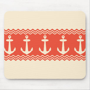Coral Nautical Anchor Coastal Stripes Mouse Pad