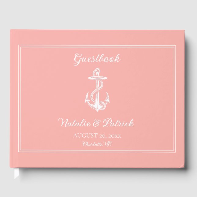 Coral Nautical Anchor Wedding Guest Book (Front)