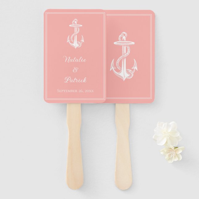 Coral Nautical Anchor Wedding Hand Fans (Front and Back)