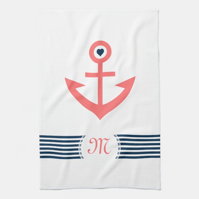 Coral Nautical Boat Anchor Decorative Blue Stripes Kitchen Towel (Vertical)