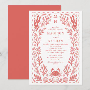 Coral Nautical Crab Shell Ocean Beach Wedding Invitation
