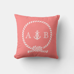 Coral Nautical Rope and Anchor Monogram Throw Pillow