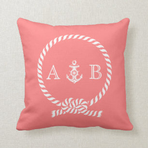 Coral Nautical Rope and Anchor Monogram Throw Pillow