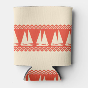 Coral Nautical Sailboat Coastal Stripes Can Cooler