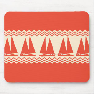 Coral Nautical Sailboat Coastal Stripes Mouse Pad