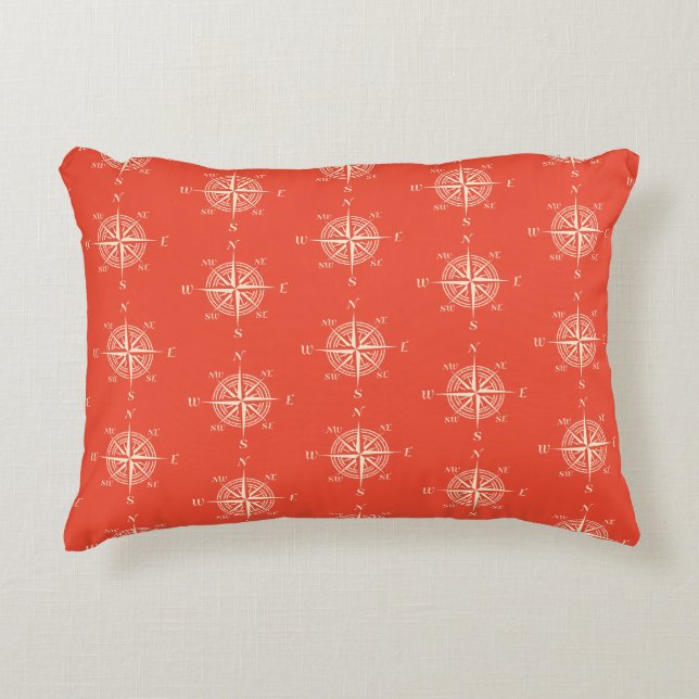 Coral Nautical Sailing Compass Accent Pillow (Front)