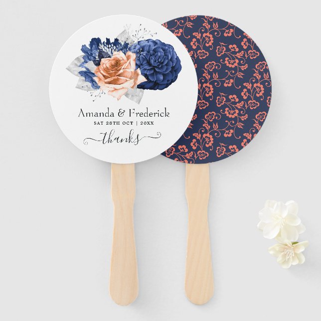 Coral, Navy and Silver Floral Wedding Hand Fan (Front and Back)