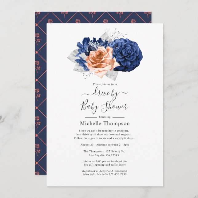 Coral, Navy and Silver Floral Wedding Invitation (Front/Back)