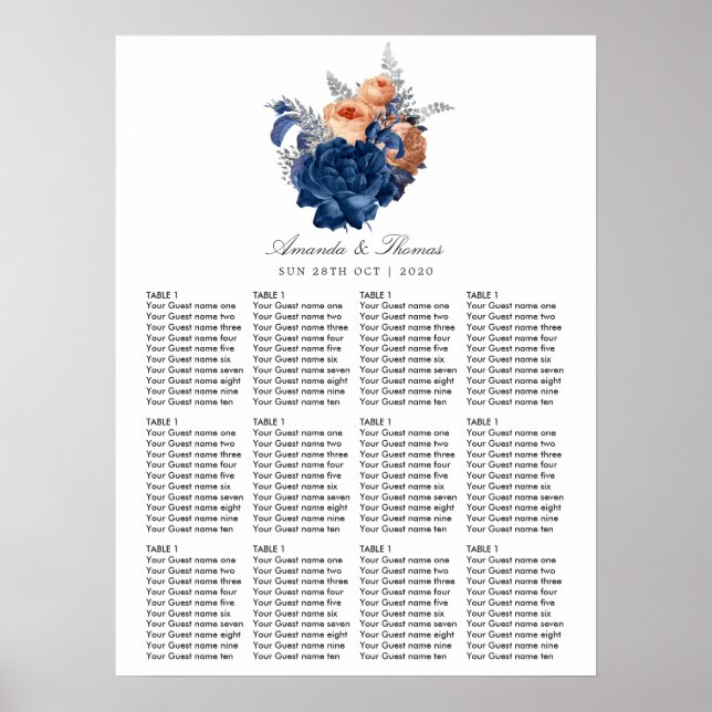 Coral, Navy and Silver Floral Wedding Seating Poster (Front)
