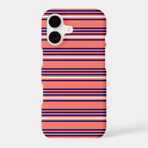 Coral, navy blue and white five stripes pattern