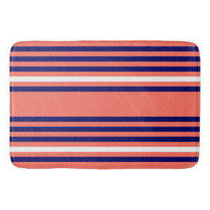 Coral, navy blue and white five stripes pattern bath mat
