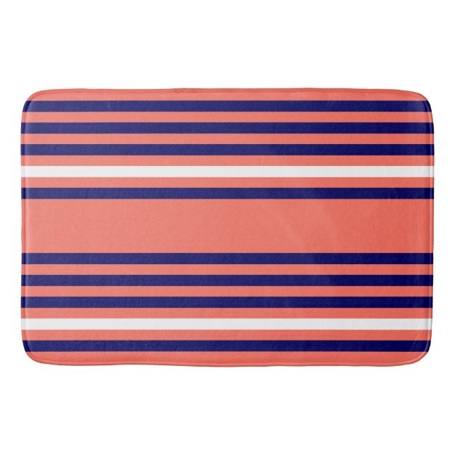 Coral, navy blue and white five stripes pattern bath mat (Front)