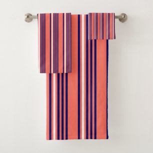 Coral, navy blue and white five stripes pattern bath towel set
