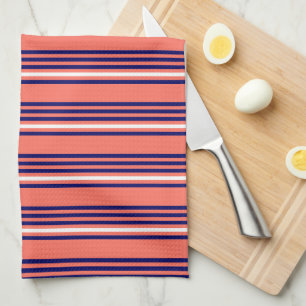 Coral, navy blue and white five stripes pattern kitchen towel