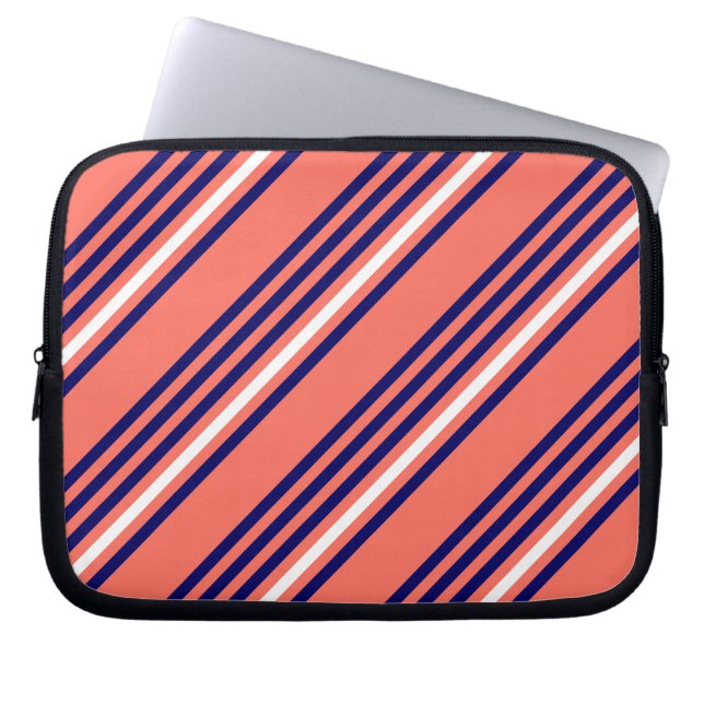 Coral, navy blue and white five stripes pattern laptop sleeve (Front)