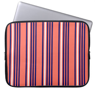 Coral, navy blue and white five stripes pattern laptop sleeve