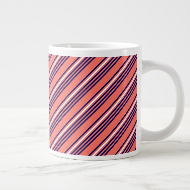 Coral, navy blue and white five stripes pattern large coffee mug (Right)