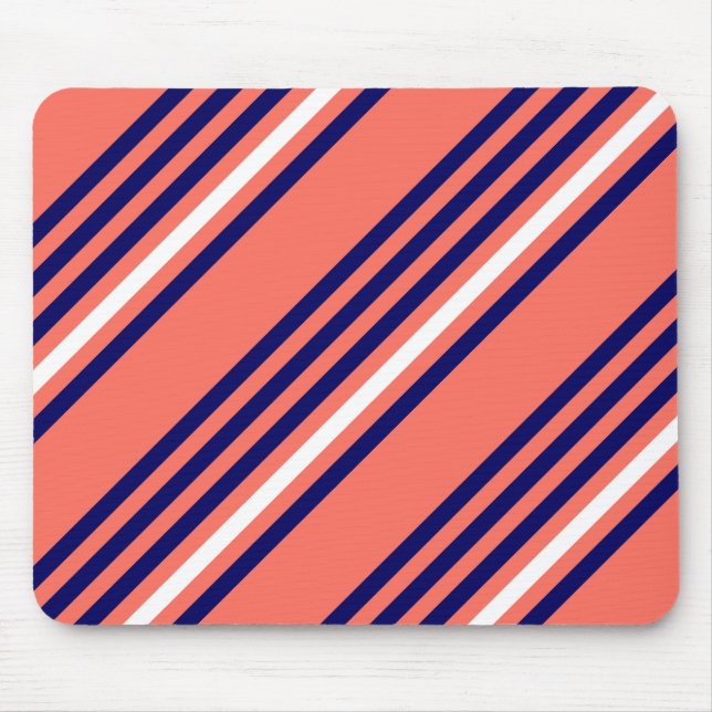 Coral, navy blue and white five stripes pattern mouse pad (Front)