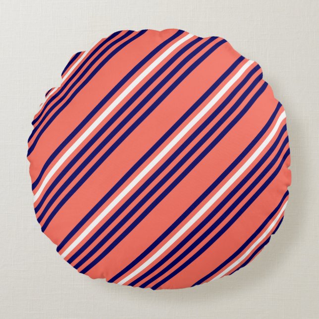 Coral, navy blue and white five stripes pattern round pillow (Front)