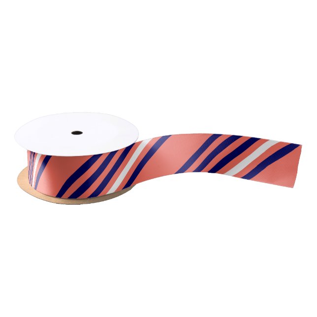 Coral, navy blue and white five stripes pattern satin ribbon (Spool)