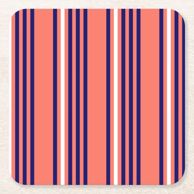 Coral, navy blue and white five stripes pattern square paper coaster (Front)