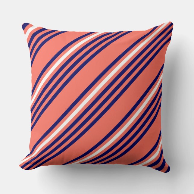 Coral, navy blue and white five stripes pattern throw pillow (Front)