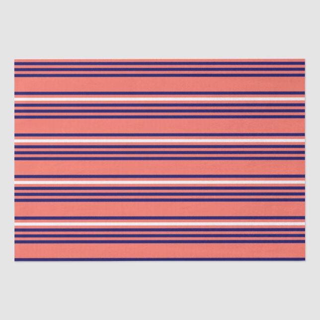 Coral, navy blue and white five stripes pattern tissue paper (Front)