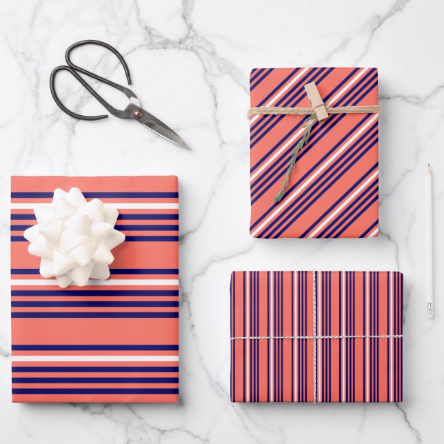 Coral, navy blue and white five stripes pattern wrapping paper sheet (Front)