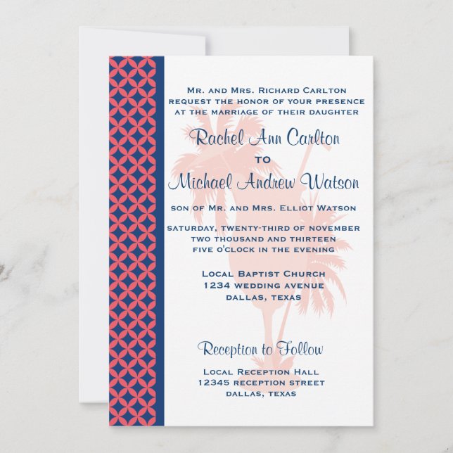 Coral & Navy Blue Beach Wedding Invitations (Devant)