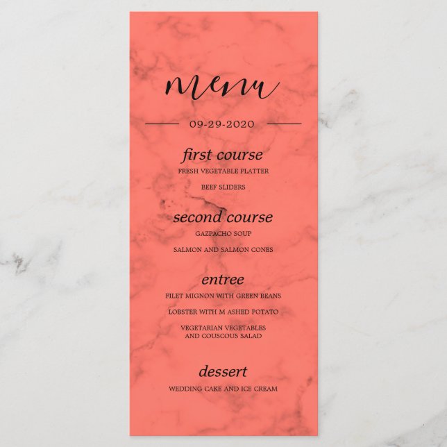 Coral Navy Blue Bouquet Modern Wedding Menu (Front)