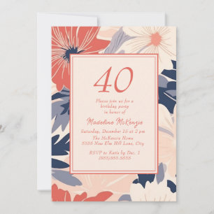 Coral Navy Blue Cream Floral Women's 40th Birthday Invitation