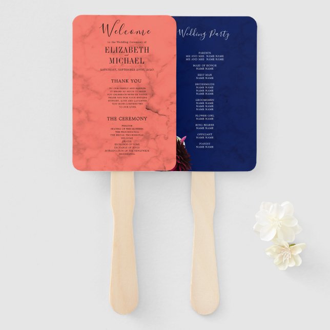 Coral Navy Blue  Elegant Modern Wedding Program Hand Fan (Front and Back)