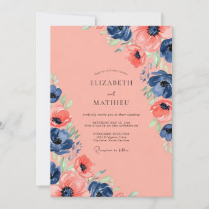 Coral Navy Blue Enchanting Summer Wedding Invitation