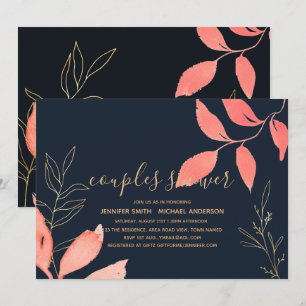 Coral Navy Blue Gold Wedding Couples Bridal Shower Invitation