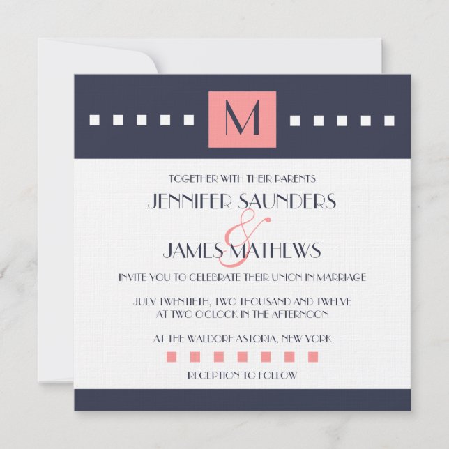 Coral Navy Blue Monogram Wedding Invitations (Front)