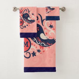 Coral Navy Blue Monogrammed Folk Art Birds Decor Bath Towel Set
