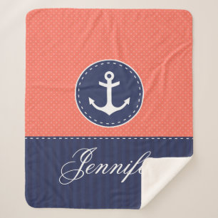 Coral Navy Blue Nautical Anchor Design Custom Name Sherpa Blanket
