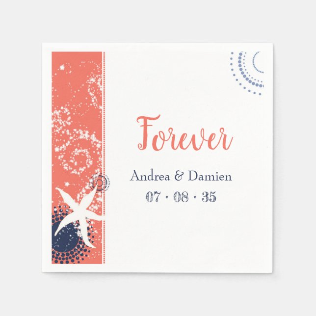 Coral & Navy Blue Nautical Beach Wedding Napkin (Front)