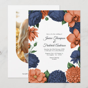 Coral & Navy Blue Watercolor Floral Wedding Invitation