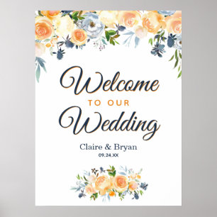 Coral Navy Blue Watercolor Floral Welcome Wedding Poster