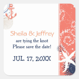 Coral Navy Blue White Nautical Wedding Square Sticker