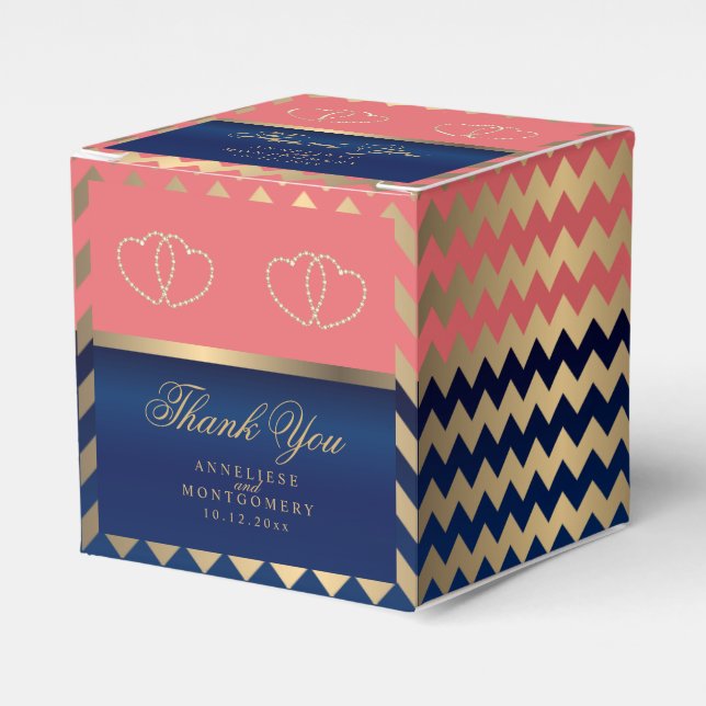Coral & Navy Blue with Gold Hearts 2 Favor Box (Front Side)