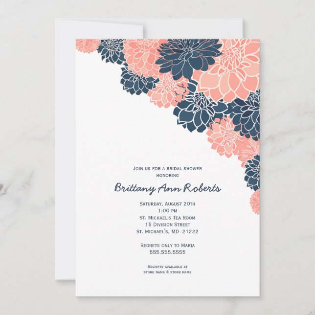 Coral Navy Dahlias Bridal Shower invites (Front)