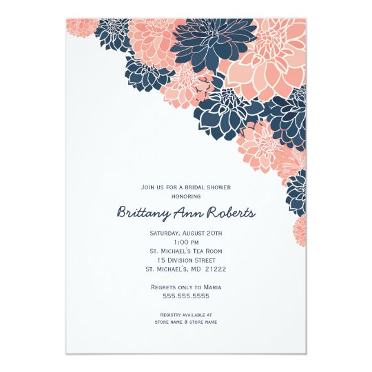 Coral Navy Dahlias Bridal Shower invites