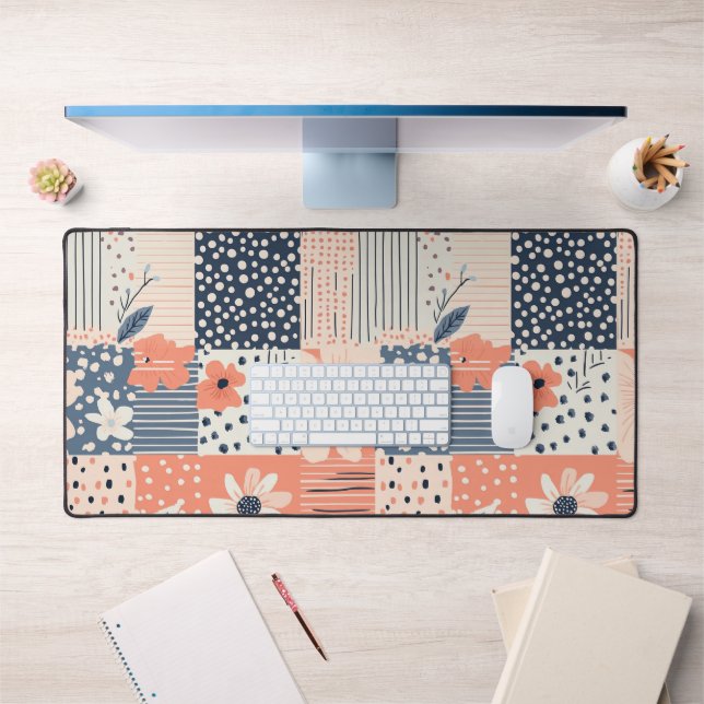 Coral Navy Floral Patchwork Quilt Pattern Desk Mat (Office 1)