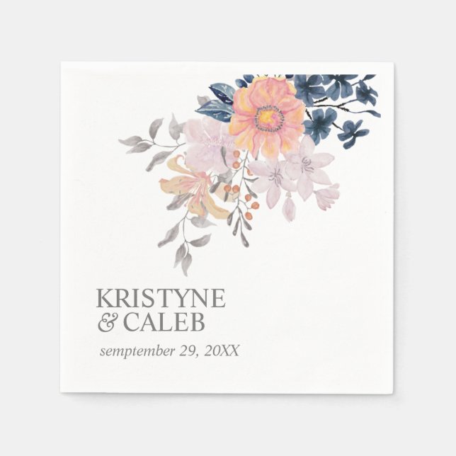 Coral & Navy Flowers chic personalized wedding  Napkin (Front)