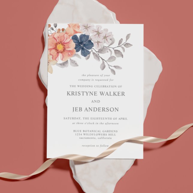 Coral & Navy Flowers | Elegant Botanical  Invitati Invitation (Creator Uploaded)