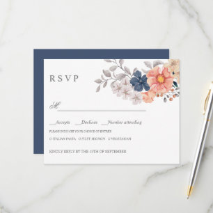 Coral Navy Flowers WEDDING RSVP MEAL CHOICE Card