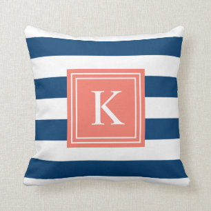 Coral & Navy Monogram Striped   Throw Pillow