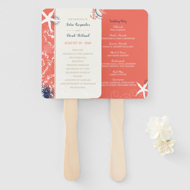 Coral & Navy Nautical Beach Wedding Program Hand Fan (Front and Back)